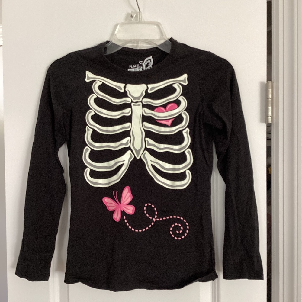 Girl Skeleton Shirt Glows in the Dark Size 10 12 Black White Halloween